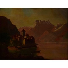Old painting, Castle by the lake shore, oil 16.9×14.6 in
