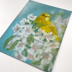 ACEO Original Soft Pastel Lemon Yellow Bird in Flowers ATC – OOAK