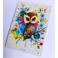 ACEO Original Bird Owl Acrylic Animal Nature Mini Pop Art Hand Painting NEW OOAK