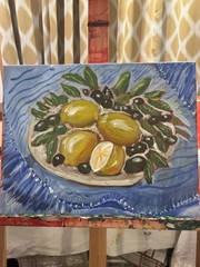 Expressionism 11×14 Blue White Canvas unframed OOAK signed art Lemons Olives