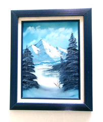 Oil Painting Mountain, Lake and Trees on Canvas Framed and Signed