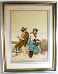 FILIPPO INDONI 1842-1908 ANTIQUE WATERCOLOR CARDBOARD SIGNED COURTSHIP ITALIAN