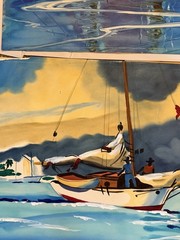 Vintage MCM Caribbean Painting Boats Fishing Ocean Signed – Set of 2