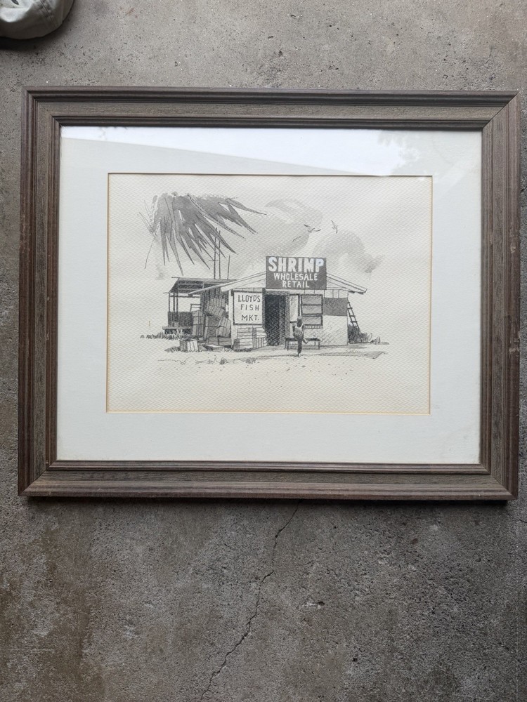 Vintage Coastal Seafood Shrimp Shack Art Original Watercolor Ink Drawing Signed
