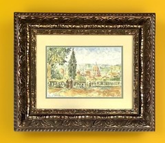 Original Watercolor Painting, European Village, Ornate Frame Signed 20″ x 16+“