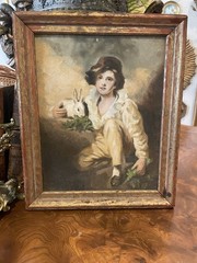 Vintage Framed Oil Painting Boy and Rabbit 9.5 x 12″ Antique Gallery Wall