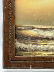Antique Oil Seascape Painting Signed C. Rownay in Rustic Rope Wood Frame 12.5×10