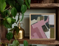 Original Abstract Oil Painting Framed, Pink and Olive Green Geometric Wall Art