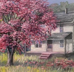 Original Oil Landscape Painting Wall Art 8X10 APPLE BLOSSOMS PINK FRONT PORCH