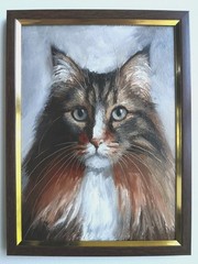Original Oil Painting in a Frame 5.1 х7.1 in. Portrait of a Maine Coon Cat