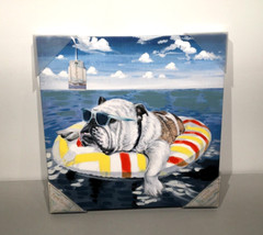 ENGLISH BULLDOG FLOATING IN THE OCEAN PAINTING 18″X18″X1.5″ EYRE TARNEY (NWT)