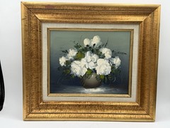 Framed Oil Painting On Canvas Of Flowers Still Life Floral Vase Signed
