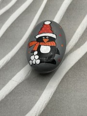 Penguin with Snowballs Wearing Winter Scarf and Hat, Painted Rock, Stone Artwork