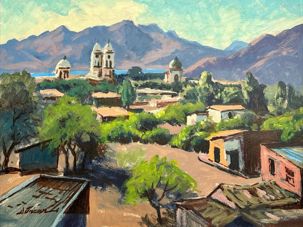 HISTORIC REGIONALISM PAINTING MEXICO VILLAGE DARWIN DUNCAN LISTED CALIFORNIA OIL