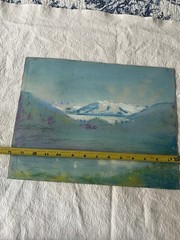 Vintage Pastel Watercolor Landscape Painting Snow Mountains Framed 10×13”
