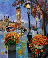 YARY DLUHOS London England Big Ben Westminster City Street Original Oil Painting