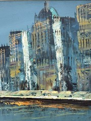 Oil Painting Coastal Cityscape MCM Vtg Landscape Modern Skyscrapers Signed Rodge