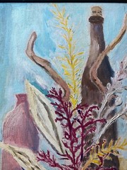 Vintage „Still Life With Bottles And Plant Scene“ Oil Painting – Framed