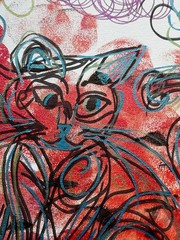 Original Signed Mixed Media Art Painting Curly Cat 11×14 Abstract Line Drawing