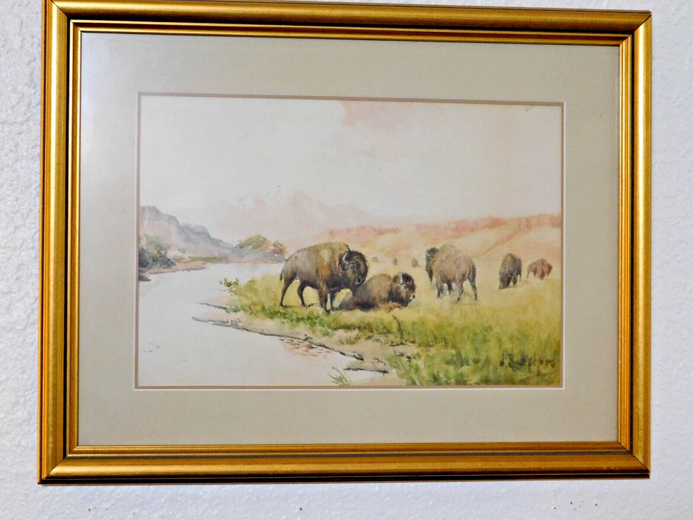 JULIUS J. RORPHURO (1861-1928, France-Calif.); ‚BUFFALOS GRAZING‘, W/C, Signed