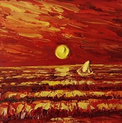 Framed Red Sunset Seascape Sailboat Mini Ocean View 4×4” Oil Painting Original