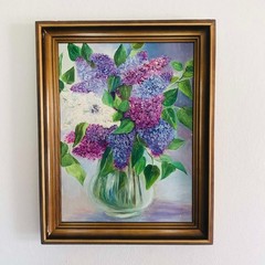 Original Oil Painting Lilac Flowers Still Life Vertical Framed 18.3×14.2 in