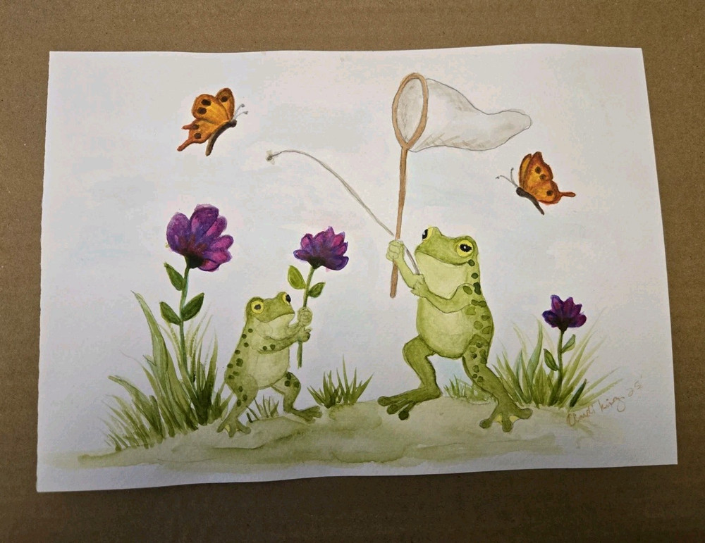Original Watercolor Painting Of Frogs Playing Whimsical Outside Catching Flies