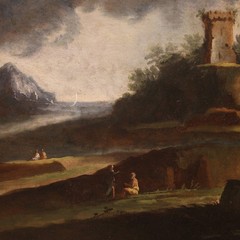 Capriccio landscape with architectures antique oil painting canvas 18th century