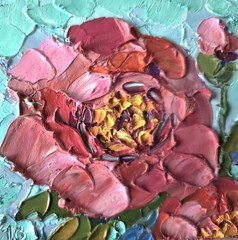 Flower Original Oil Painting Pink Peonies Miniature on Panel 4x4in Impasto Art