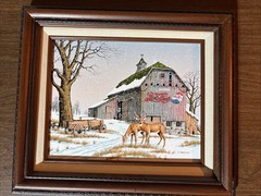 C. Carson Serigraph Oil Painting Canvas Winter Scene Barn Pepsi-Cola Deer Snow
