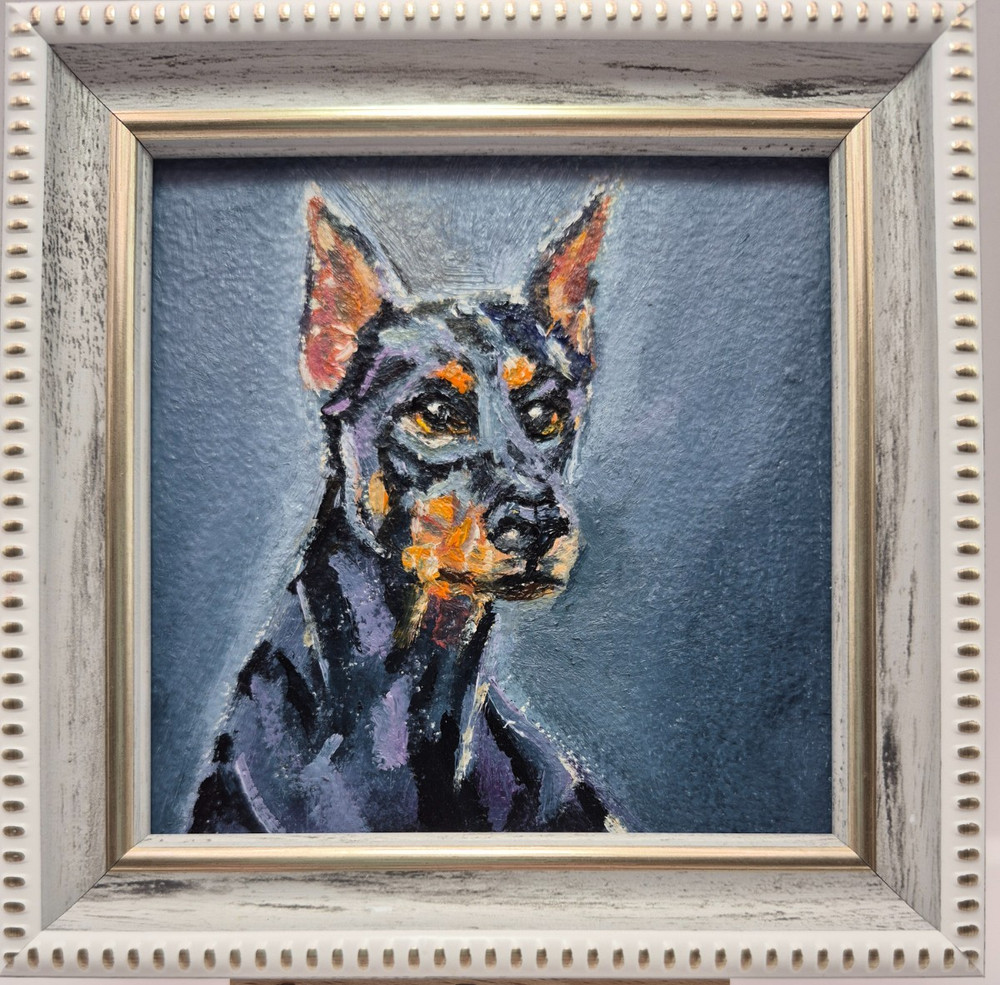 original oil painting signed framed .dog. 4×4 inches