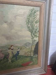 Vtg Signed HLK original oil painting copy of Franz Von Stuck Circle Dancing Old