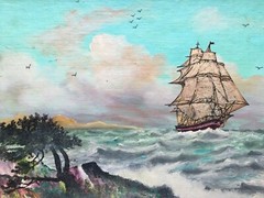 Gathering Storm Ship At Sea Nautical Oil Painting Framed Art by A.A Bates 1972