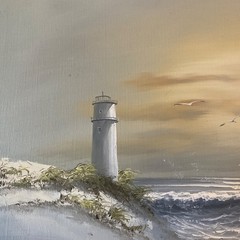 Oil painting hand painted original 80s beach lighthouse by Morgan sand dunes