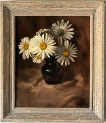 GORGEOUS ANTIQUE MODERN DAISY FLOWERS STILL LIFE OIL PAINTING OLD VINTAGE 1956