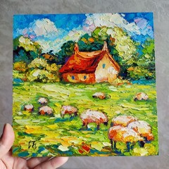 original oil painting Irish Cottage Sheep Landscape Impasto wall art 8*8 inch