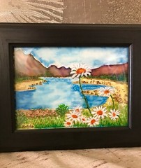Daisies by the Lake Original Watercolor Painting Spring Art Gift, Framed