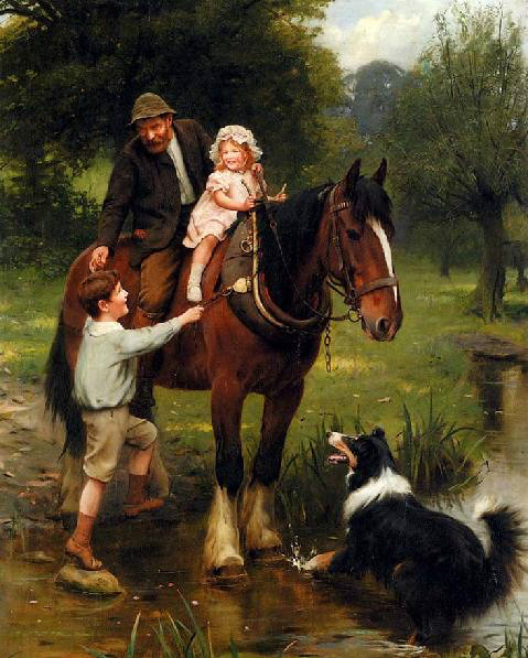 Handpainted Oil painting portraits father with children and dog horse stream