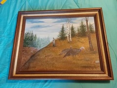 Vintage Oil Painting On Canvas Turkeys In Forest Signed Framed 28.25″ X 22.25″