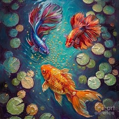 new handmade Painting on 14″*14″ canvas Fishes in Aquatic Harmony by Wendy