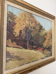 Vintage American Autumn Landscape Oil Painting on Canvas Laid to Board Framed