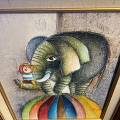 J. Roybal Signed „Elephant on Balloon with Child“ Canvas, Frame 8”x10” S30