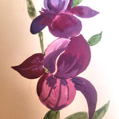 Two Flower Paintings Artist Signed Purple Iris Blue Branch Matted 7×9 Inches