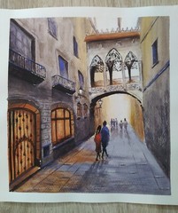 Original watercolor painting Bridge of Love Cityscape 24 x 26 cm