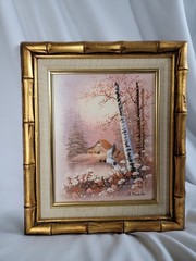 Small framed painting lakeside cabin trees flowers pines duck oranges pinks rust