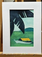 Original Watercolor Painting Seascape yacht with sails, Sea Shore Stone A5