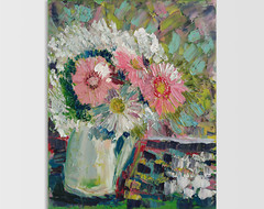 Original oil Painting Daisy Flowers Still Life Pink White Bouquet In Vase art