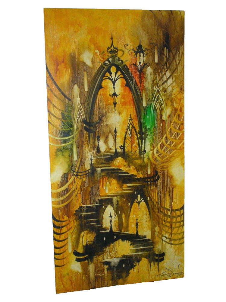 1969 Abstract Cathedral Gothic Arch Stairway Painting by Gerry Facey (49″x24″)