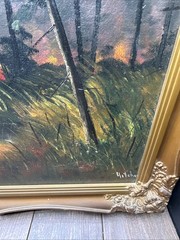 Vintage Framed MCM Oil Painting Forest Landscape