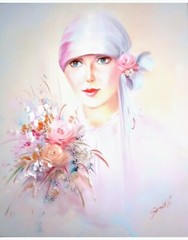 Oil on Canvas Painting of Young Girl with Head Scarf Flowers by Smith COA